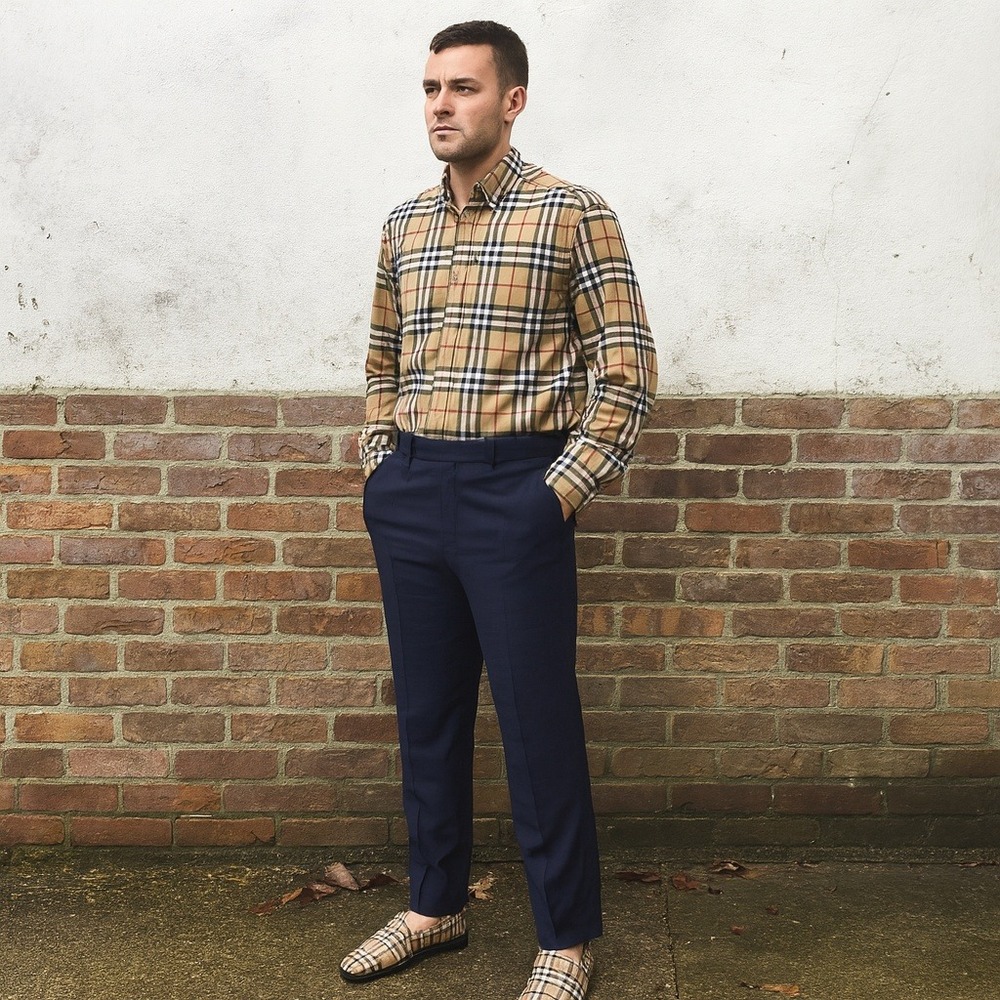 Burberry London Trouser Pants Mens 40R Navy Plaid Wool Dress Tailored Suit Slack